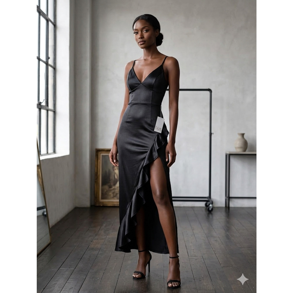 E.L.H. Studio Black Satin Ruffle High Slit Formal Evening Maxi Dress Medium